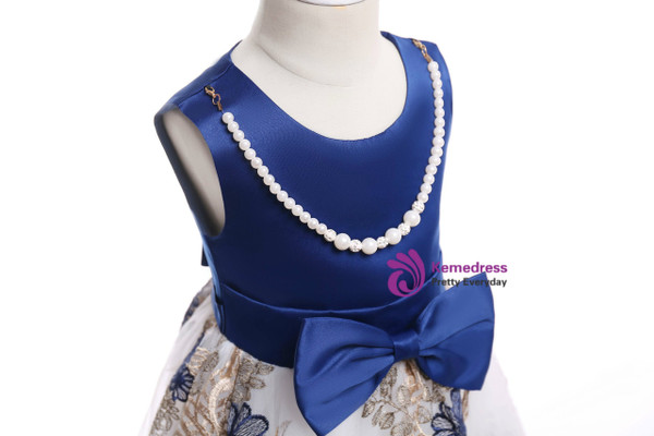 Shop 2019 Long & Short In Stock:Ship in 48 Hours Blue Satin Print Flower Girl Dress With Bow With Factory Price From Kemedress