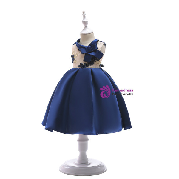 Shop 2019 Long & Short In Stock:Ship in 48 Hours Blue Satin High Neck Flower Girl Dress With Bow With Factory Price From Kemedress
