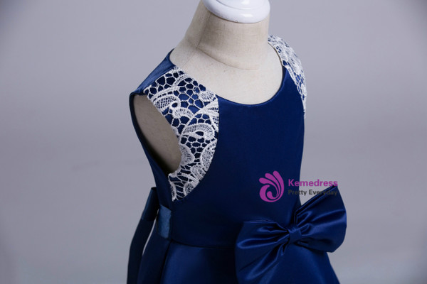 Shop 2019 Long & Short In Stock:Ship in 48 Hours Blue Satin Lace Flower Girl Dress With Bow With Factory Price From Kemedress