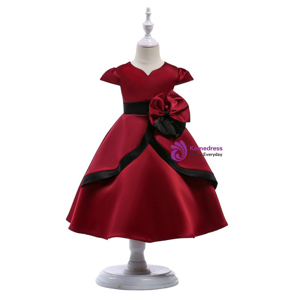 Shop 2019 Long & Short In Stock:Ship in 48 Hours Burgundy Satin Cap Sleeve Flower Girl Dress With Factory Price From Kemedress