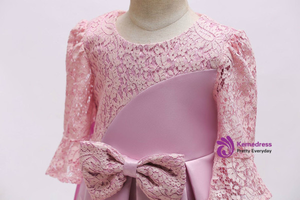 Shop 2019 Long & Short In Stock:Ship in 48 Hours Pink Satin Lace Short Sleeve Flower Girl Dress With Factory Price From Kemedress
