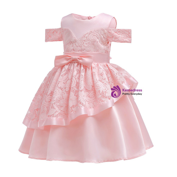 Shop 2019 Long & Short In Stock:Ship in 48 Hours Pink Lace Flower Girl Dress With Bow With Factory Price From Kemedress