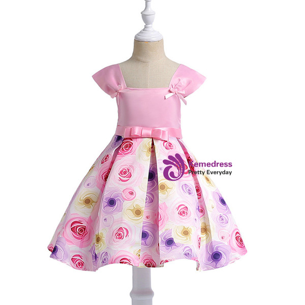 Shop 2019 Long & Short In Stock:Ship in 48 Hours Pink Satin Print Flower Girl Dress With Bow With Factory Price From Kemedress