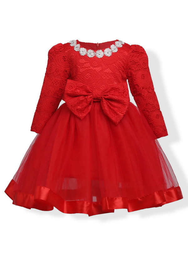 Shop 2019 Long & Short In Stock:Ship in 48 Hours Red Lace Tulle Long Sleeve Flower Girl Dress With Factory Price From Kemedress