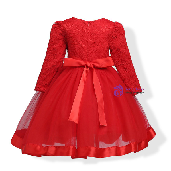 Shop 2019 Long & Short In Stock:Ship in 48 Hours Red Lace Tulle Long Sleeve Flower Girl Dress With Factory Price From Kemedress