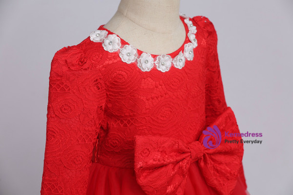 Shop 2019 Long & Short In Stock:Ship in 48 Hours Red Lace Tulle Long Sleeve Flower Girl Dress With Factory Price From Kemedress