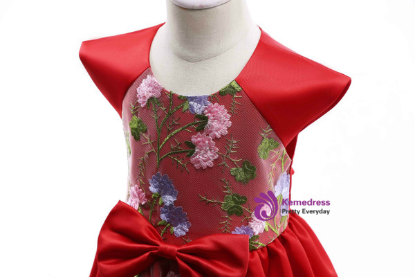 Shop 2019 Long & Short In Stock:Ship in 48 Hours Red Satin Cap Sleeve Appliques Girl Dress With Factory Price From Kemedress
