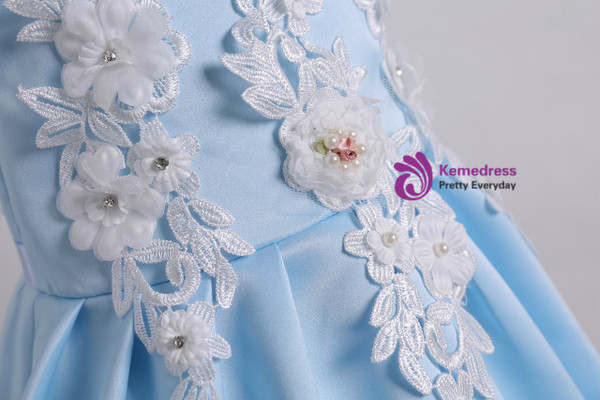 Shop 2019 Long & Short In Stock:Ship in 48 Hours Ligth Blue Satin Appliques Flower Girl With Factory Price From Kemedress