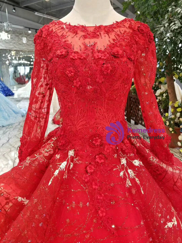 Shop 2019 Long & Short Red Ball Gown Tulle Sequins Embroidery Appliques Long Sleeve Wedding Dress With Factory Price From Kemedress