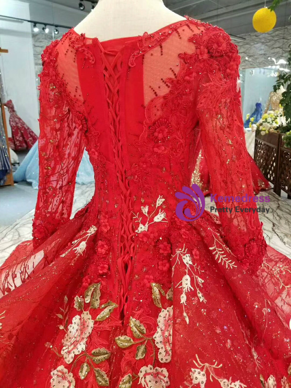 Shop 2019 Long & Short Red Ball Gown Tulle Sequins Embroidery Appliques Long Sleeve Wedding Dress With Factory Price From Kemedress