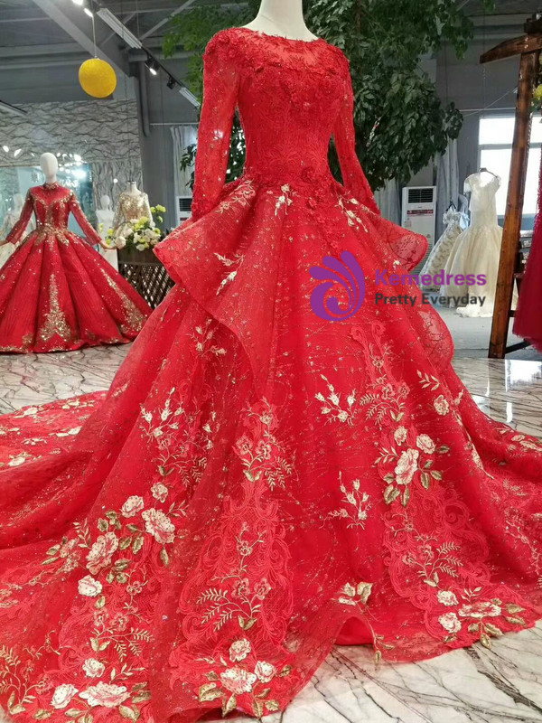 Shop 2019 Long & Short Red Ball Gown Tulle Sequins Embroidery Appliques Long Sleeve Wedding Dress With Factory Price From Kemedress