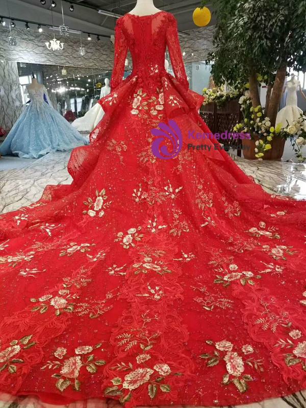 Shop 2019 Long & Short Red Ball Gown Tulle Sequins Embroidery Appliques Long Sleeve Wedding Dress With Factory Price From Kemedress