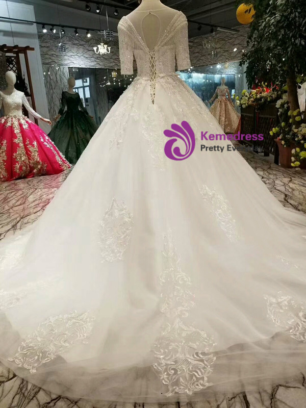 Shop 2019 Long & Short Ivory White Ball Gown Short Sleeve Backless Appliques Beading Wedding Dress With Factory Price From Kemedress
