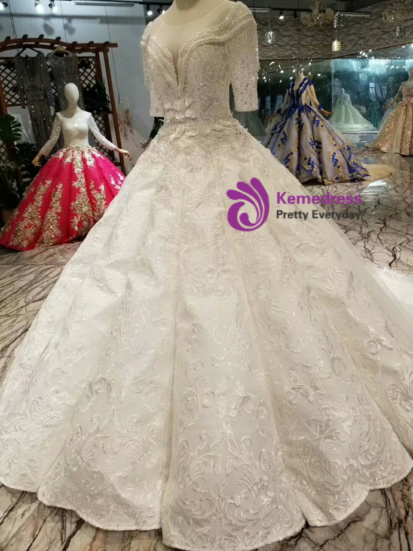 Shop 2019 Long & Short Ivory White Ball Gown Short Sleeve Backless Appliques Beading Wedding Dress With Factory Price From Kemedress