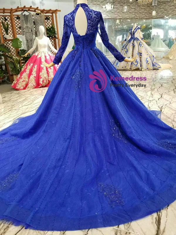 Shop 2019 Long & Short Royal Blue Tulle High Neck Long Sleeve Backless Wedding Dress With Beading With Factory Price From Kemedress