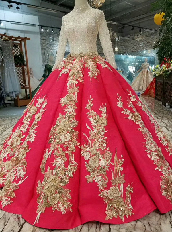 Shop 2019 Long & Short Red Ball Gown Satin Long Sleeve Appliques Beading Sequins Wedding Dress With Factory Price From Kemedress