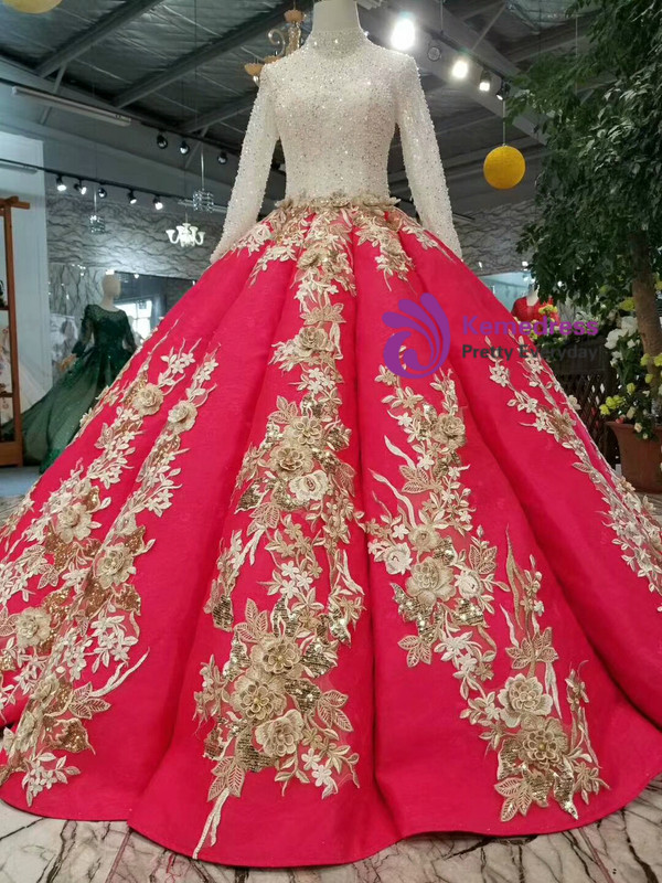 Shop 2019 Long & Short Red Ball Gown Satin Long Sleeve Appliques Beading Sequins Wedding Dress With Factory Price From Kemedress