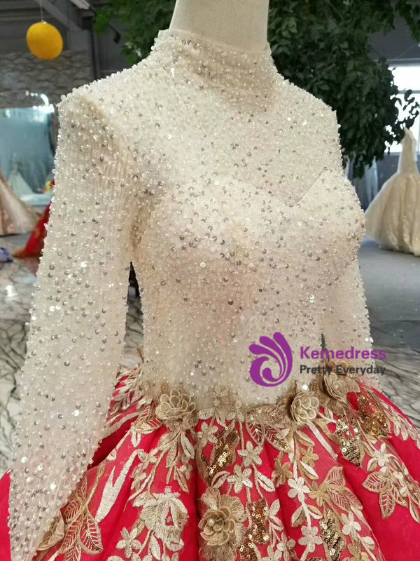 Shop 2019 Long & Short Red Ball Gown Satin Long Sleeve Appliques Beading Sequins Wedding Dress With Factory Price From Kemedress