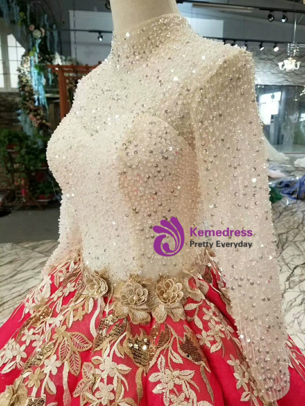 Shop 2019 Long & Short Red Ball Gown Satin Long Sleeve Appliques Beading Sequins Wedding Dress With Factory Price From Kemedress