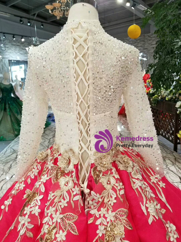 Shop 2019 Long & Short Red Ball Gown Satin Long Sleeve Appliques Beading Sequins Wedding Dress With Factory Price From Kemedress