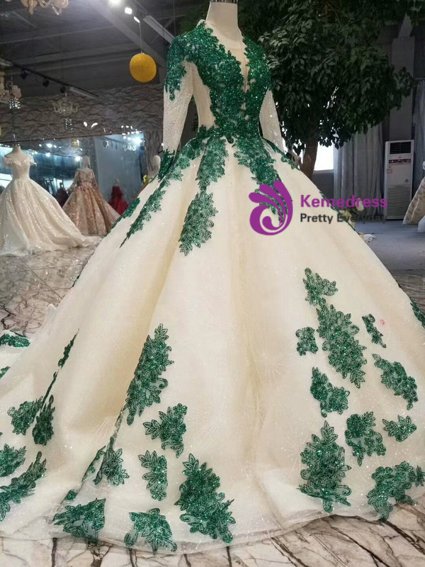 Shop 2019 Long & Short Champagne Ball Gown Tulle Sequins Green Sequins Appliques Long Sleeve Wedding Dress With Factory Price From Kemedress