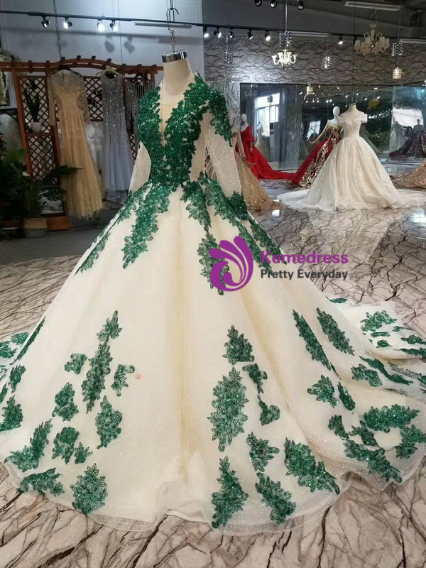 Shop 2019 Long & Short Champagne Ball Gown Tulle Sequins Green Sequins Appliques Long Sleeve Wedding Dress With Factory Price From Kemedress