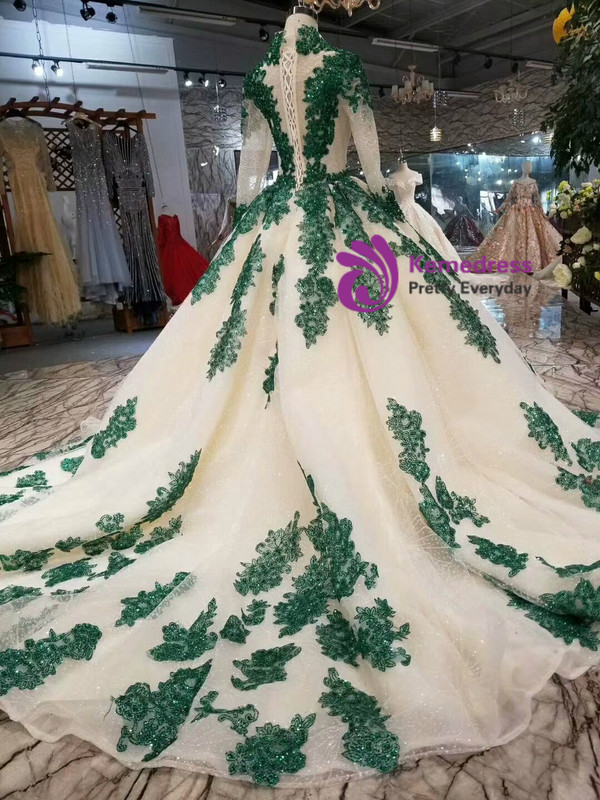 Shop 2019 Long & Short Champagne Ball Gown Tulle Sequins Green Sequins Appliques Long Sleeve Wedding Dress With Factory Price From Kemedress