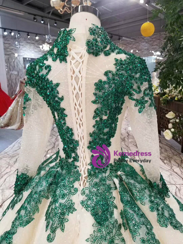 Shop 2019 Long & Short Champagne Ball Gown Tulle Sequins Green Sequins Appliques Long Sleeve Wedding Dress With Factory Price From Kemedress