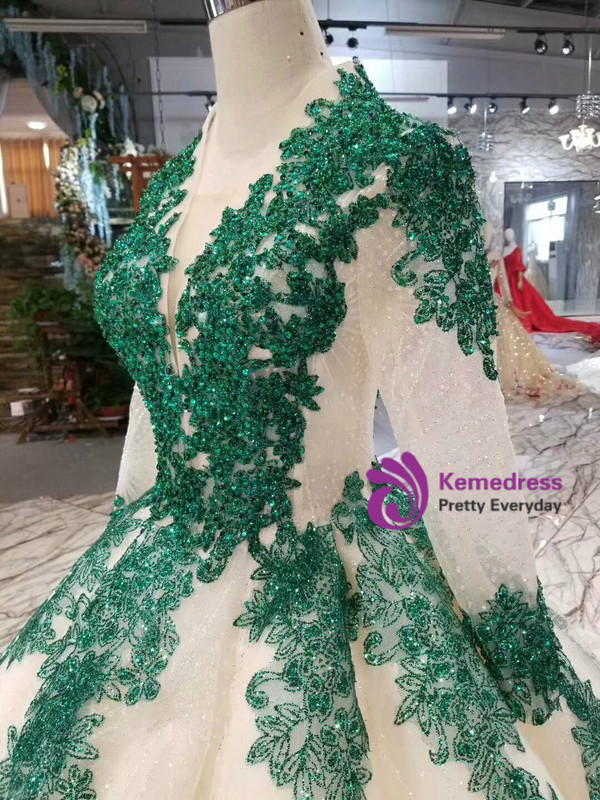 Shop 2019 Long & Short Champagne Ball Gown Tulle Sequins Green Sequins Appliques Long Sleeve Wedding Dress With Factory Price From Kemedress