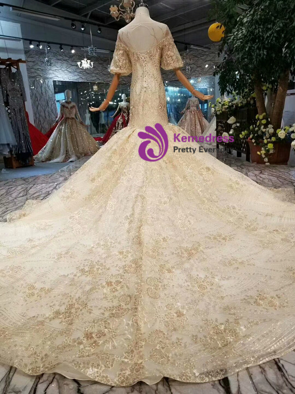 Shop 2019 Long & Short Champagne Mermaid Lace Tulle Puff Sleeve Backless Wedding Dress With Factory Price From Kemedress