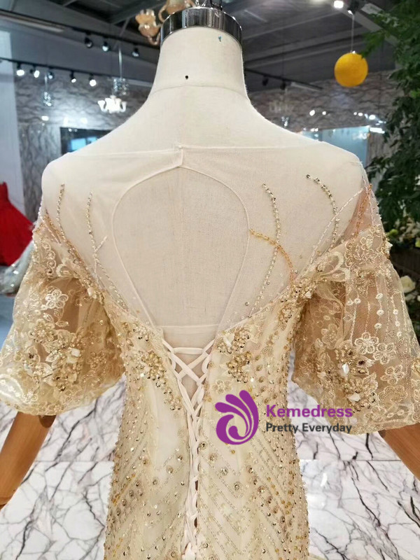 Shop 2019 Long & Short Champagne Mermaid Lace Tulle Puff Sleeve Backless Wedding Dress With Factory Price From Kemedress