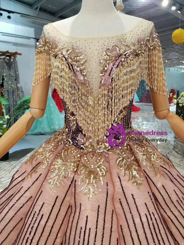Shop 2019 Long & Short Pink Purple Sequins Ball Gown Bateau Cap Sleeve Backless Wedding Dress With Beading With Factory Price From Kemedress