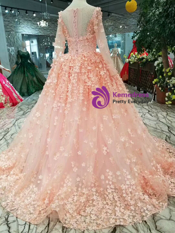 Shop 2019 Long & Short Pink Ball Gown Tulle Long Sleeve Appliques Wedding Dress With Beading With Factory Price From Kemedress