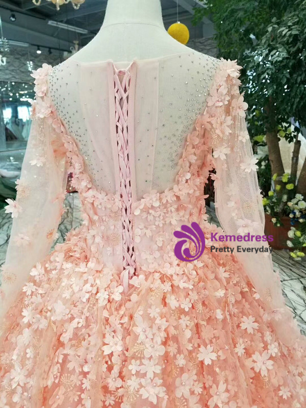 Shop 2019 Long & Short Pink Ball Gown Tulle Long Sleeve Appliques Wedding Dress With Beading With Factory Price From Kemedress