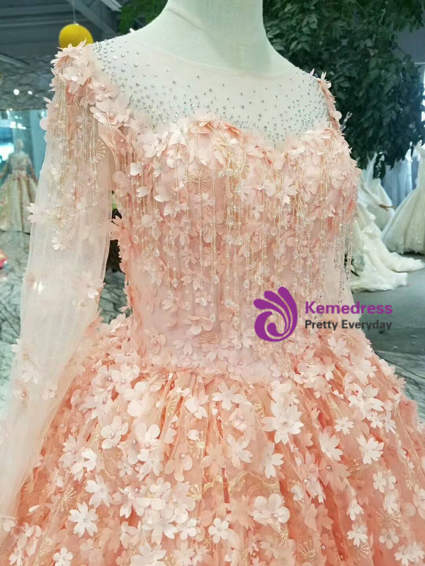 Shop 2019 Long & Short Pink Ball Gown Tulle Long Sleeve Appliques Wedding Dress With Beading With Factory Price From Kemedress