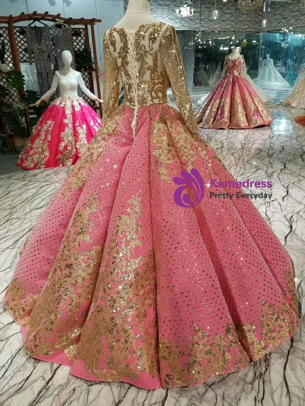 Shop 2019 Long & Short Red Ball Gown Sequins Gold Sequins Appliques Long Sleeve Wedding Dress With Factory Price From Kemedress