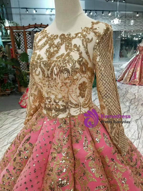 Shop 2019 Long & Short Red Ball Gown Sequins Gold Sequins Appliques Long Sleeve Wedding Dress With Factory Price From Kemedress