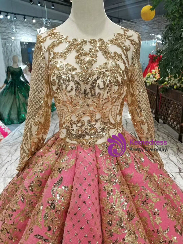 Shop 2019 Long & Short Red Ball Gown Sequins Gold Sequins Appliques Long Sleeve Wedding Dress With Factory Price From Kemedress