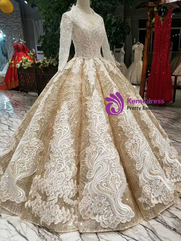 Shop 2019 Long & Short Champagne Gold Sequins V-neck Long Sleeve Appliques Wedding Dress With Factory Price From Kemedress
