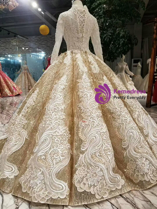 Shop 2019 Long & Short Champagne Gold Sequins V-neck Long Sleeve Appliques Wedding Dress With Factory Price From Kemedress