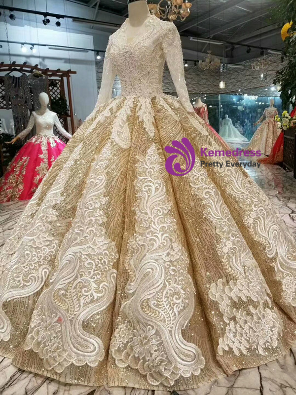Shop 2019 Long & Short Champagne Gold Sequins V-neck Long Sleeve Appliques Wedding Dress With Factory Price From Kemedress