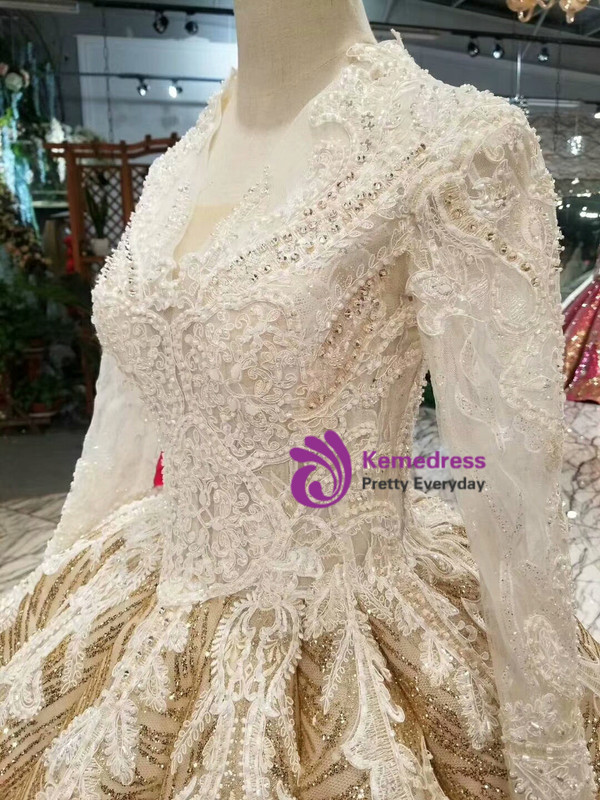 Shop 2019 Long & Short Champagne Gold Sequins V-neck Long Sleeve Appliques Wedding Dress With Factory Price From Kemedress