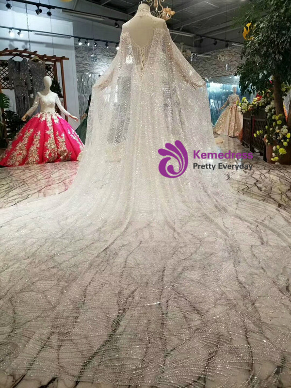 Shop 2019 Long & Short Ivory White Tulle Sequins Sheath High Neck Backless Beading Wedding Dress With Train With Factory Price From Kemedress
