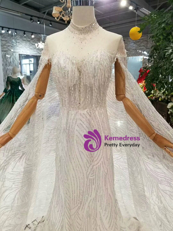 Shop 2019 Long & Short Ivory White Tulle Sequins Sheath High Neck Backless Beading Wedding Dress With Train With Factory Price From Kemedress