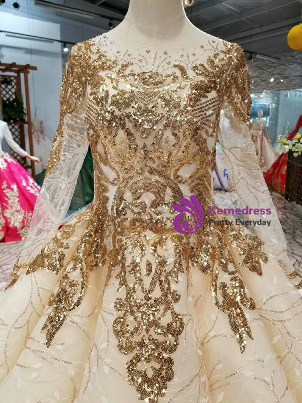 Shop 2019 Long & Short Champagne Ball Gown Tulle Sequins Long Sleeve Wedding Dress With Train  With Factory Price From Kemedress