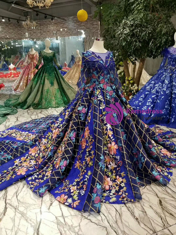 Shop 2019 Long & Short Blue Ball Gown Sequins Long Sleeve Embriodery Appliques Wedding Dress With Factory Price From Kemedress