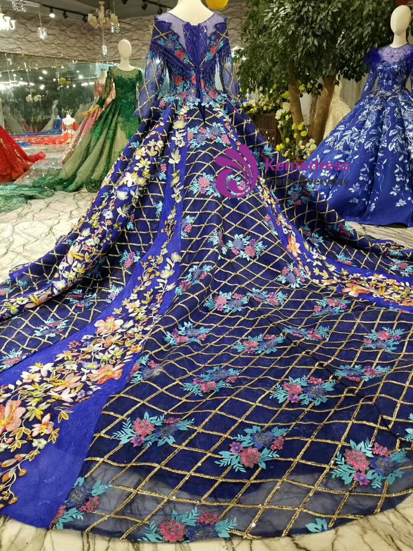 Shop 2019 Long & Short Blue Ball Gown Sequins Long Sleeve Embriodery Appliques Wedding Dress With Factory Price From Kemedress