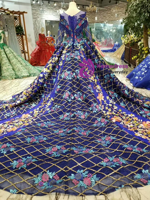 Shop 2019 Long & Short Blue Ball Gown Sequins Long Sleeve Embriodery Appliques Wedding Dress With Factory Price From Kemedress