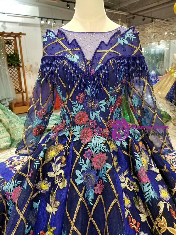 Shop 2019 Long & Short Blue Ball Gown Sequins Long Sleeve Embriodery Appliques Wedding Dress With Factory Price From Kemedress