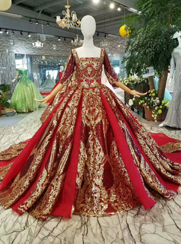 Shop 2019 Long & Short Red And Gold Sequins Square Neck Short Sleeve Backless Wedding Dress With Factory Price From Kemedress